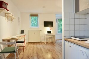 Moderne kleine Wohnung mit Esstisch, Stühlen, TV und Küche, ideal für Singles oder Paare, die einen minimalistischen Lebensstil suchen.