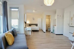 Helles Apartment mit einem Wohnbereich, einem Bett, einem Schreibtisch und einem Badezimmer, ideal für kurze Aufenthalte.