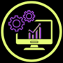 Symbol für Datenanalyse mit Monitor, Diagramm und Zahnrädern zur Optimierung von Prozessen und Ergebnissen.