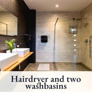 HelpMyBnB_Portfolio_Deutschland_Schamützelsee_Berlin Haartrockner und zwei moderne Waschbecken in einem stilvollen Badezimmer mit Pflanzen und Spiegeln.